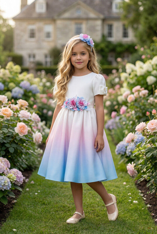Blue Ombre Satin Dress with Floral Hair Accessory 3-7 AGE 35261PR - Clothes