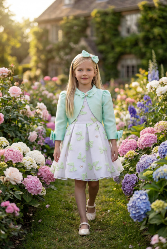 Green Bow Dress with Bolero and Hair Accessory 3-7 AGE 35319PR - Clothes