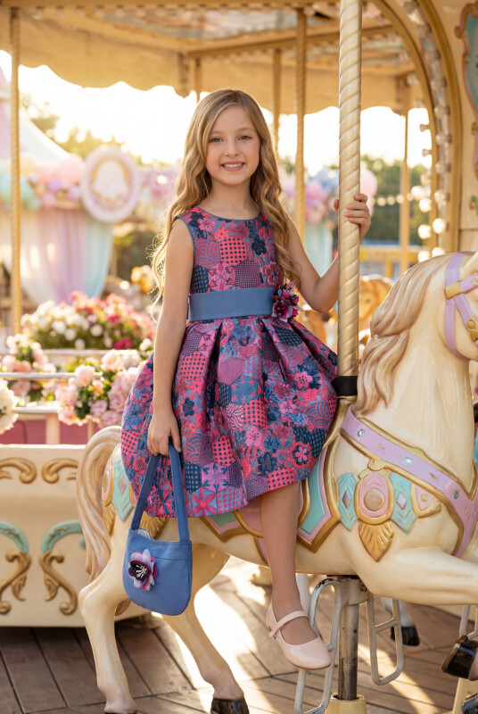 Blue Jacquard Patterned Dress with Matching Bag 3-7 AGE 35329PR 