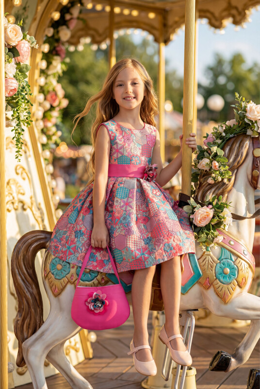 Pink Jacquard Patterned Dress with Matching Bag 3-7 AGE 35329PR - Clothes