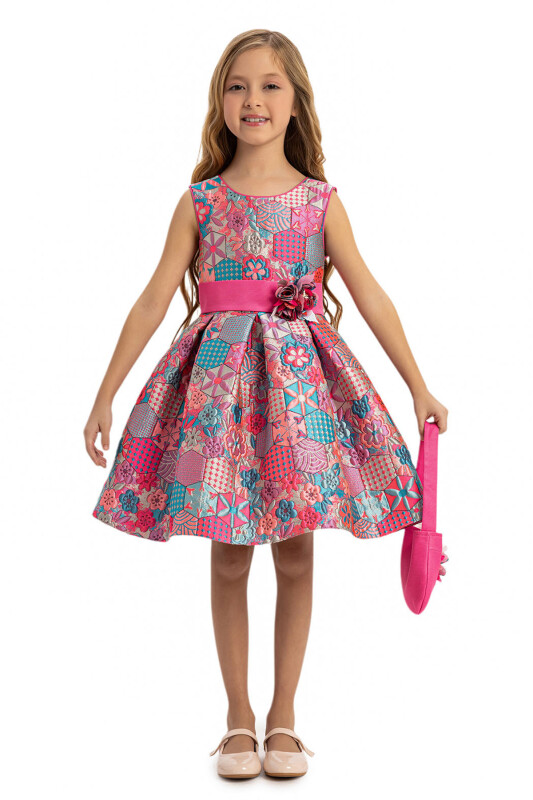 Pink Jacquard Patterned Dress with Matching Bag 3-7 AGE 35329PR - Clothes (1)