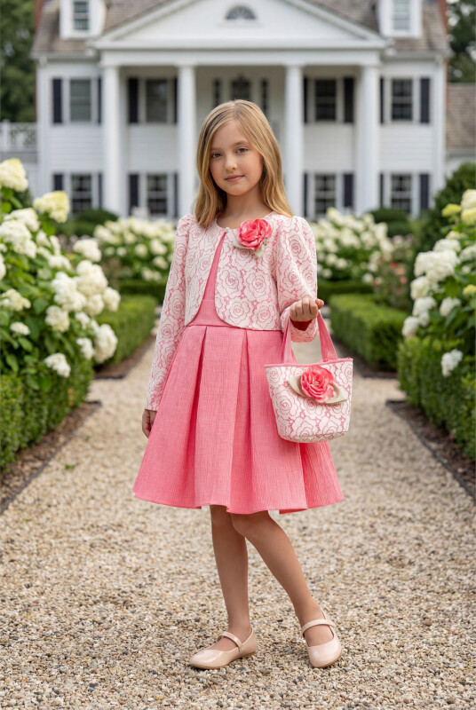 Pink Dress with Lace Bolero and Matching Bag 3-7 AGE 35330PR 