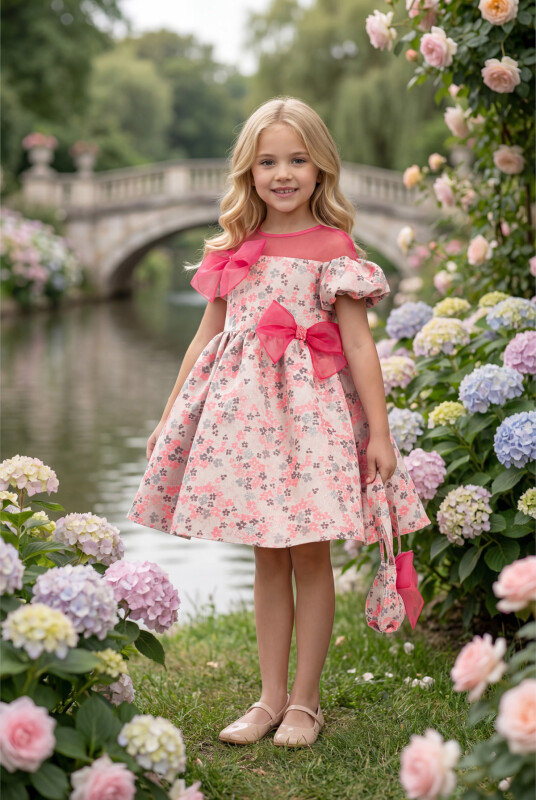 Pink Floral Dress with Matching Bag 3-7 AGE 35334PR - Clothes