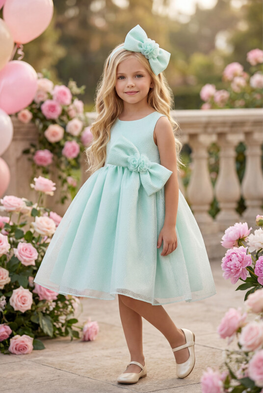 Mint Bow Dress with Hair Accessory 3-7 AGE 35347PR - Clothes