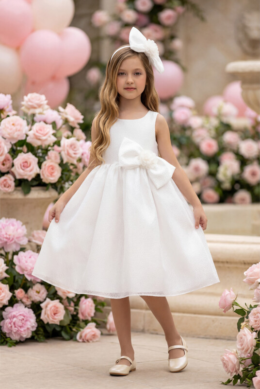 Ecru Bow Dress with Hair Accessory 3-7 AGE 35347PR 