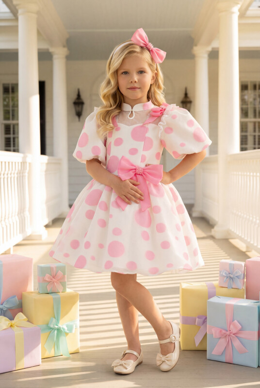 Pink Polka Dot Dress with Hair Accessory 3-7 AGE 35365PR 