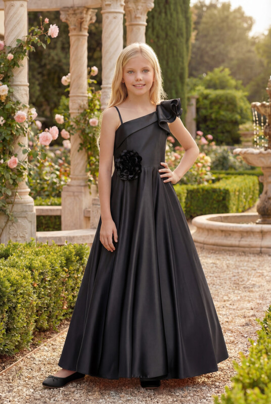 Black Girls One-Shoulder Satin Gown with 3D Flower Appliqué 8-15 AGE 36073PR 