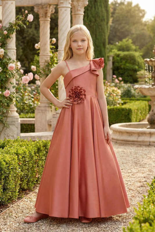 Cinnamon Girls One-Shoulder Satin Gown with 3D Flower Appliqué 8-15 AGE 36073PR - Clothes