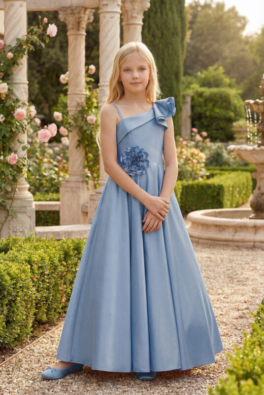 Blue Girls One-Shoulder Satin Gown with 3D Flower Appliqué 8-15 AGE 36073PR - Clothes