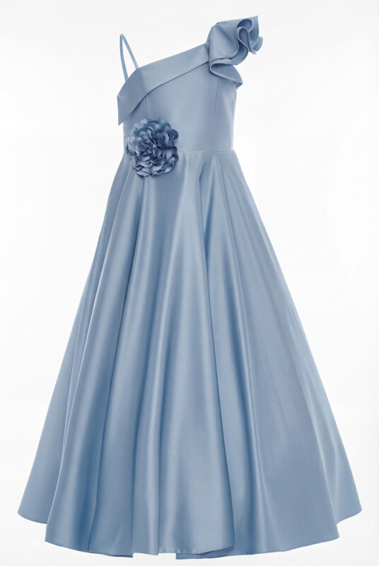 Blue Girls One-Shoulder Satin Gown with 3D Flower Appliqué 8-15 AGE 36073PR - Clothes (1)