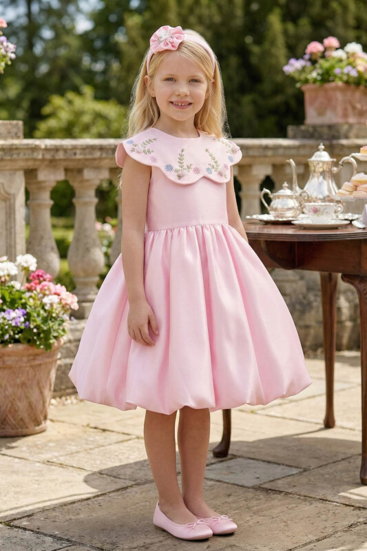 Powder Girls Satin Dress with Removable Floral Collar & Hair Accessory 3-7 AGE 36281PR - Clothes