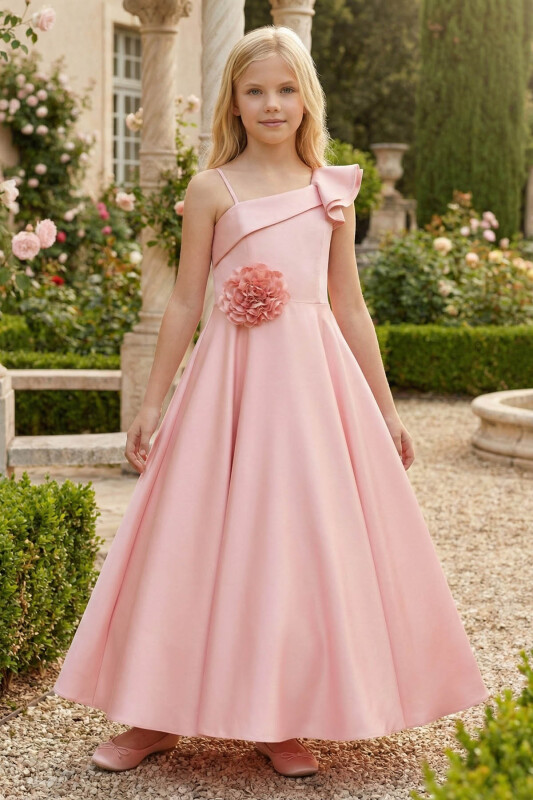 Powder Girls One-Shoulder Satin Gown with 3D Flower Appliqué 8-15 AGE 36073PR 
