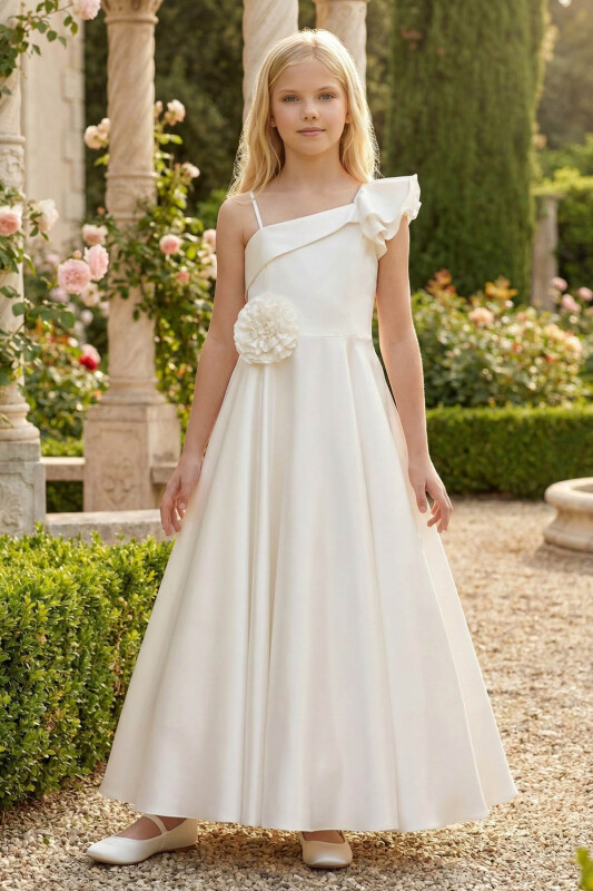 Ecru Girls One-Shoulder Satin Gown with 3D Flower Appliqué 8-15 AGE 36073PR 