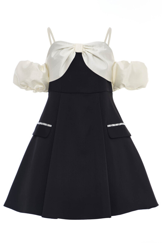 Black Girls Off-Shoulder Bow Dress with Puff Sleeves & Rhinestone Detail 8-15 AGE 36088PR - Clothes (1)
