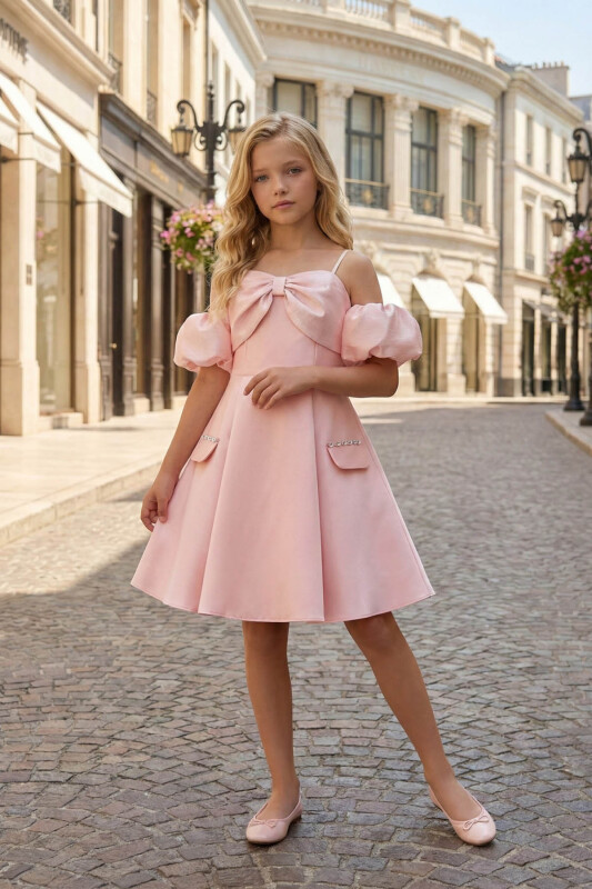 Powder Girls Off-Shoulder Bow Dress with Puff Sleeves & Rhinestone Detail 8-15 AGE 36088PR 