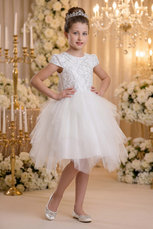 Ecru Glitter Printed Girl's Dress 8-12 AGE 34012PR - Clothes
