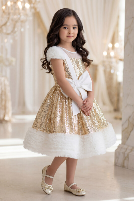 Gold Sequined Girl's Dress 3-7 AGE 34043PR - Clothes