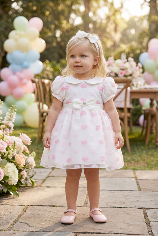 Powder Polka Dot Baby Dress with Hair Accessory 6-24 MONTH 35420PR - Clothes
