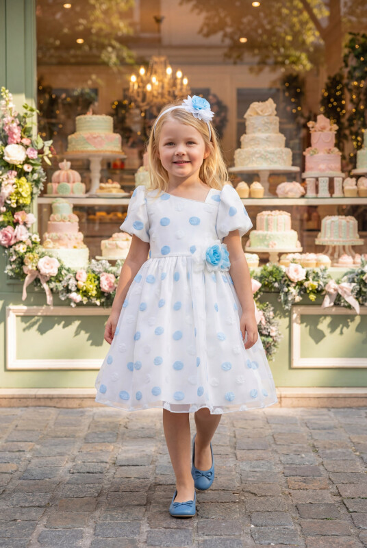 Blue Polka Dot Dress with Hair Accessory 3-7 AGE 35430PR - Clothes