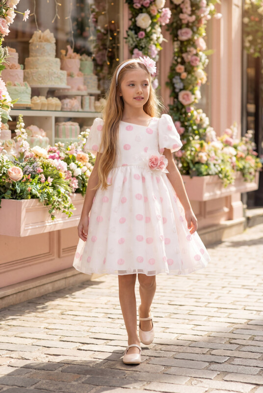 Powder Polka Dot Dress with Hair Accessory 3-7 AGE 35430PR - Clothes
