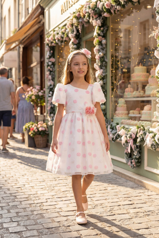 Powder Polka Dot Dress with Hair Accessory 3-7 AGE 35430PR - Clothes (1)