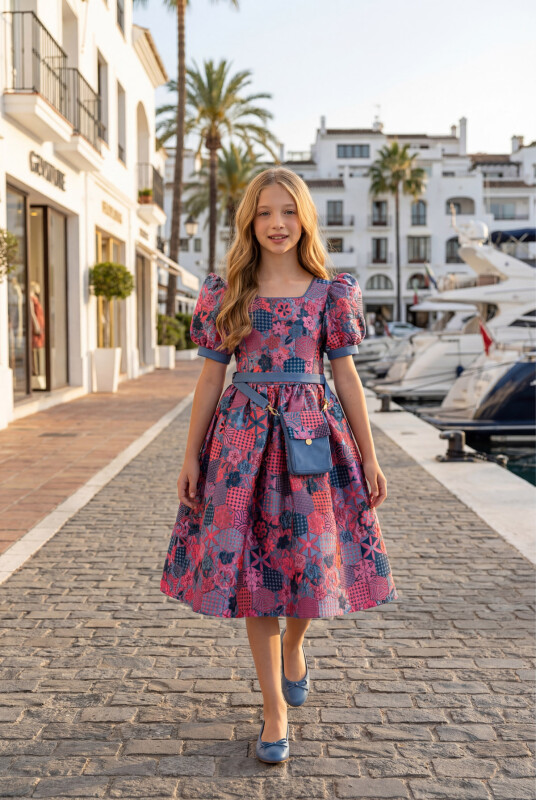Blue Girls Jacquard Dress with Bag 8-14 AGE 35440PR 