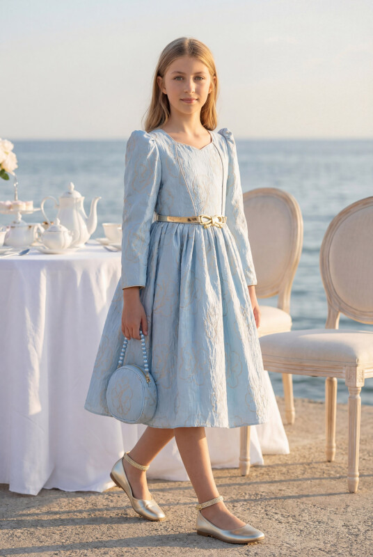 Blue Dress with Belt and Matching Bag 8-14 AGE 35446PR - Clothes