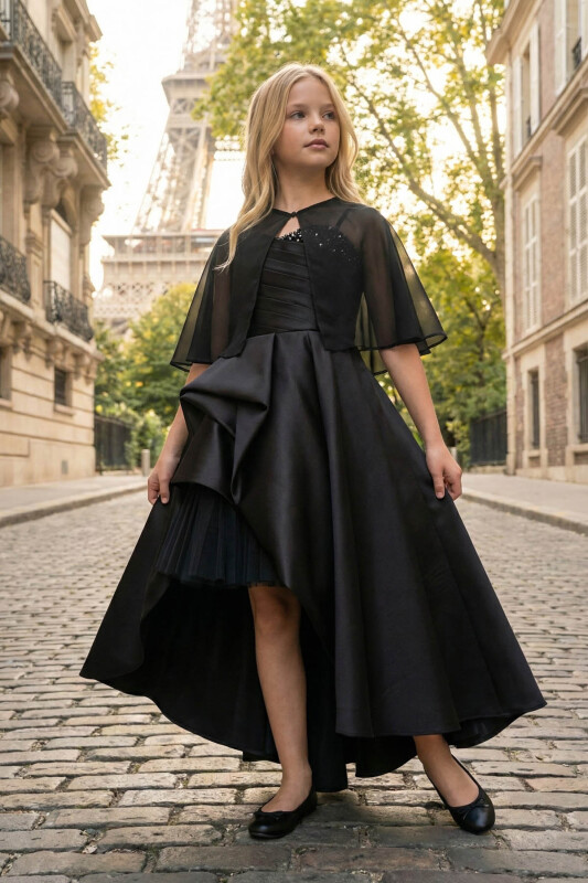 Black Elegant Satin Dress with Removable Sheer Cape 8-15 AGE 36055PR - Clothes