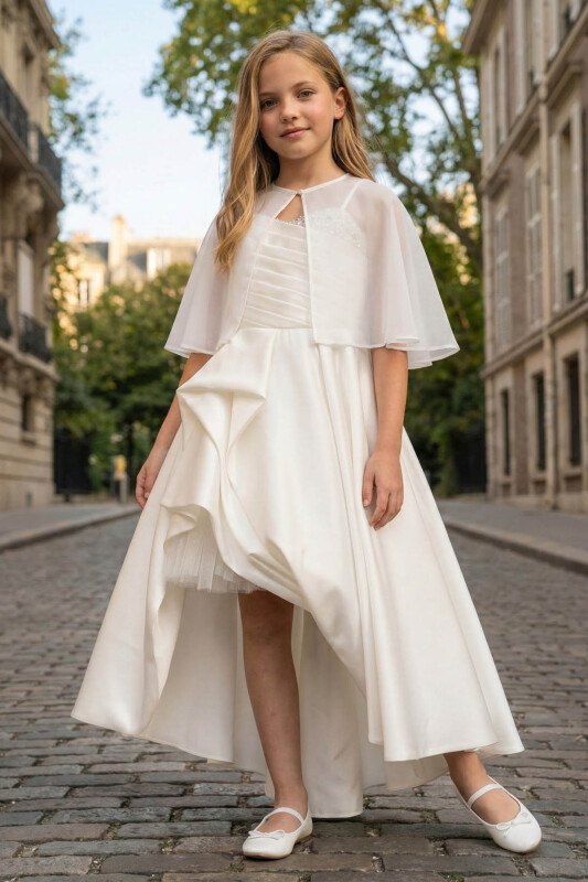 Ecru Elegant Satin Dress with Removable Sheer Cape 8-15 AGE 36055PR 