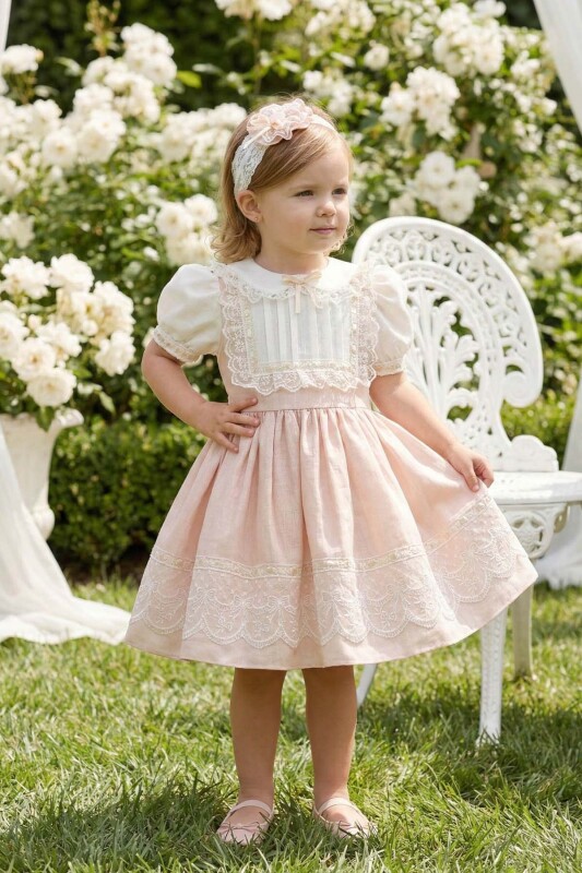 Beige Baby Embroidered Lace Dress with Matching Headband 6-24 MONTH 36421PR - Clothes