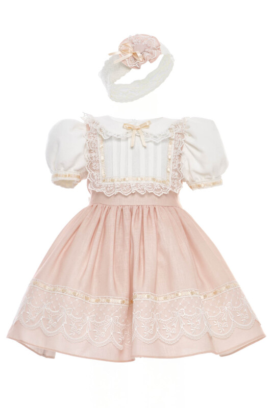 Beige Baby Embroidered Lace Dress with Matching Headband 6-24 MONTH 36421PR - Clothes (1)