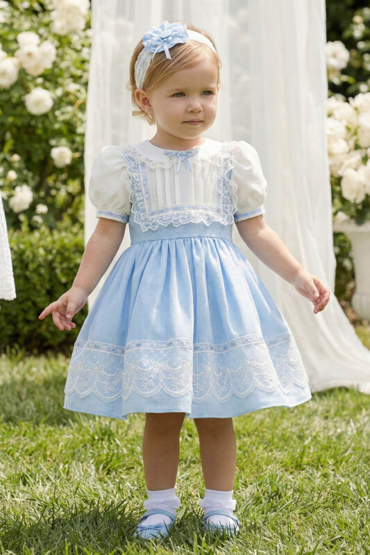 Blue Baby Embroidered Lace Dress with Matching Headband 6-24 MONTH 36421PR - Clothes