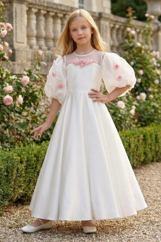 Ecru Girls Floral Puff Sleeve Satin Dress 8-15 AGE 36126PR - Clothes