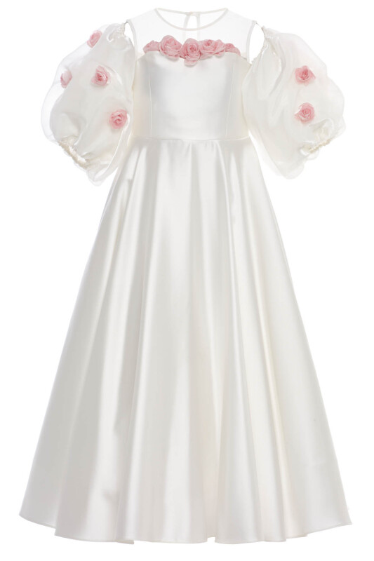 Ecru Girls Floral Puff Sleeve Satin Dress 8-15 AGE 36126PR - Clothes (1)