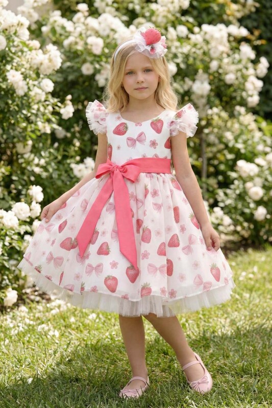 Ecru Girls Strawberry Print Tulle Dress & Headband Set 3-7 AGE 36247PR 