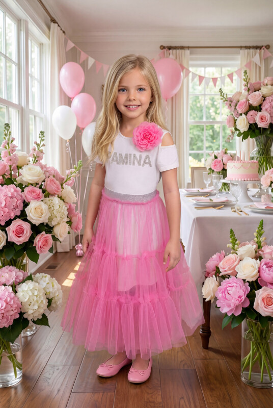 CandyPink Girls Sparkling Tiered Tulle Skirt and Ruffle Top Set 3-7 AGE 34343PR - Clothes