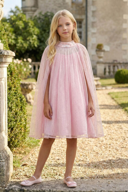 Pink Girls’ Cape Dress with Embellished Neckline and Bow Detail 8-15 AGE 36140PR - Clothes