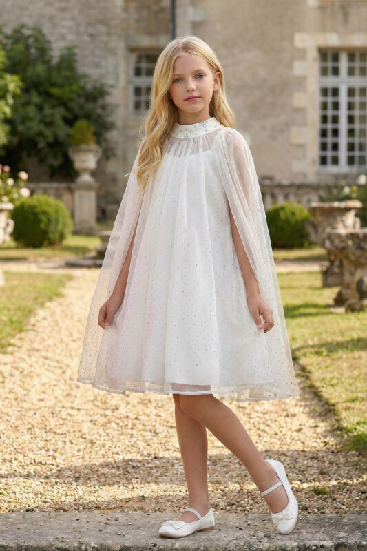 Ecru Girls’ Cape Dress with Embellished Neckline and Bow Detail 8-15 AGE 36140PR 