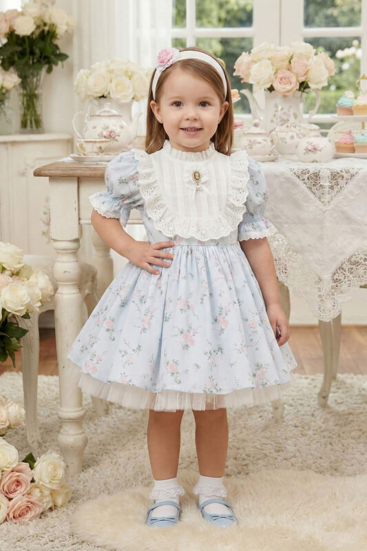 Blue Baby Girl Vintage Floral Dress with Cameo Brooch & Headband 6-24 MONTH 36358PR - Clothes