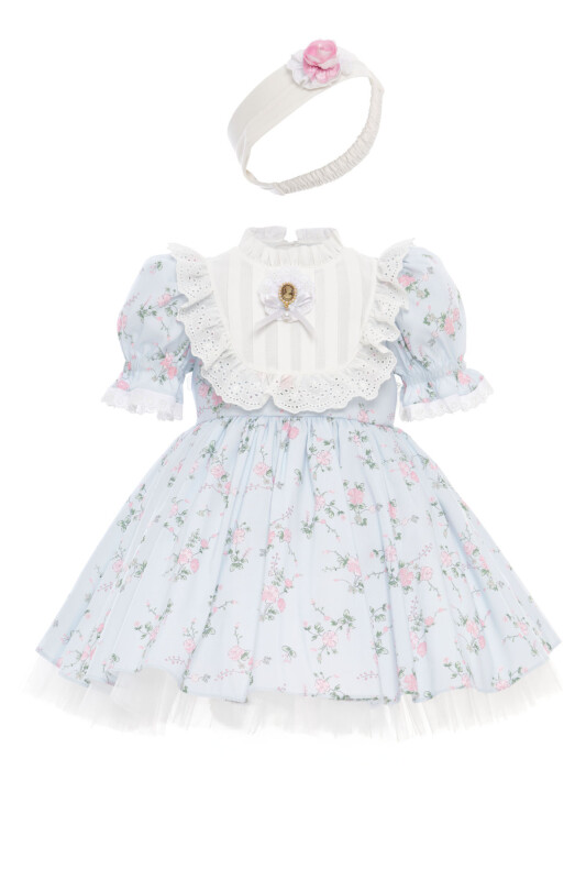 Blue Baby Girl Vintage Floral Dress with Cameo Brooch & Headband 6-24 MONTH 36358PR - Clothes (1)