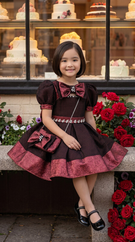 Burgundy Balloon-Sleeved Dress 2-6 AGE 33020PR - Clothes