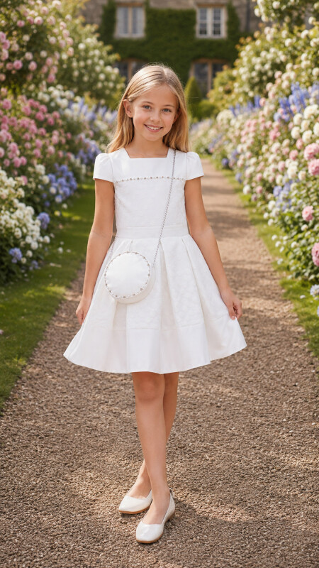 Ecru Square-collar dress for girls 4-8 AGE 33224PR - Clothes
