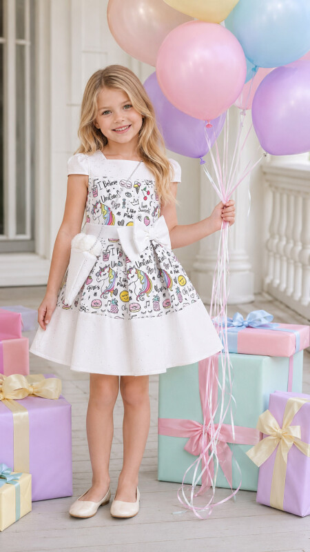 Ecru Unicorn dress for girls 4-8 AGE 33332PR - Clothes