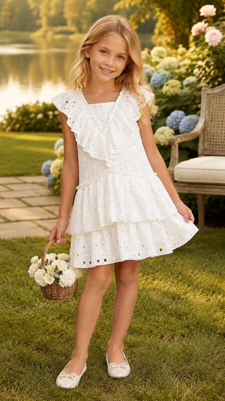 Ecru Girl Frilly Brode Dress 4-8 AGE 324703CA - Clothes
