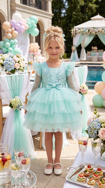 Mint Long-sleeved Girl's Tulle Dress 3-7 AGE 34053PR 