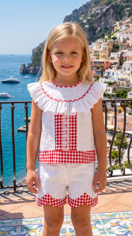 Red Girl Patterned Brode And Plaid Fabric Detailed Suit With Denim Shorts 2-6 AGE 312102CA - Clothes